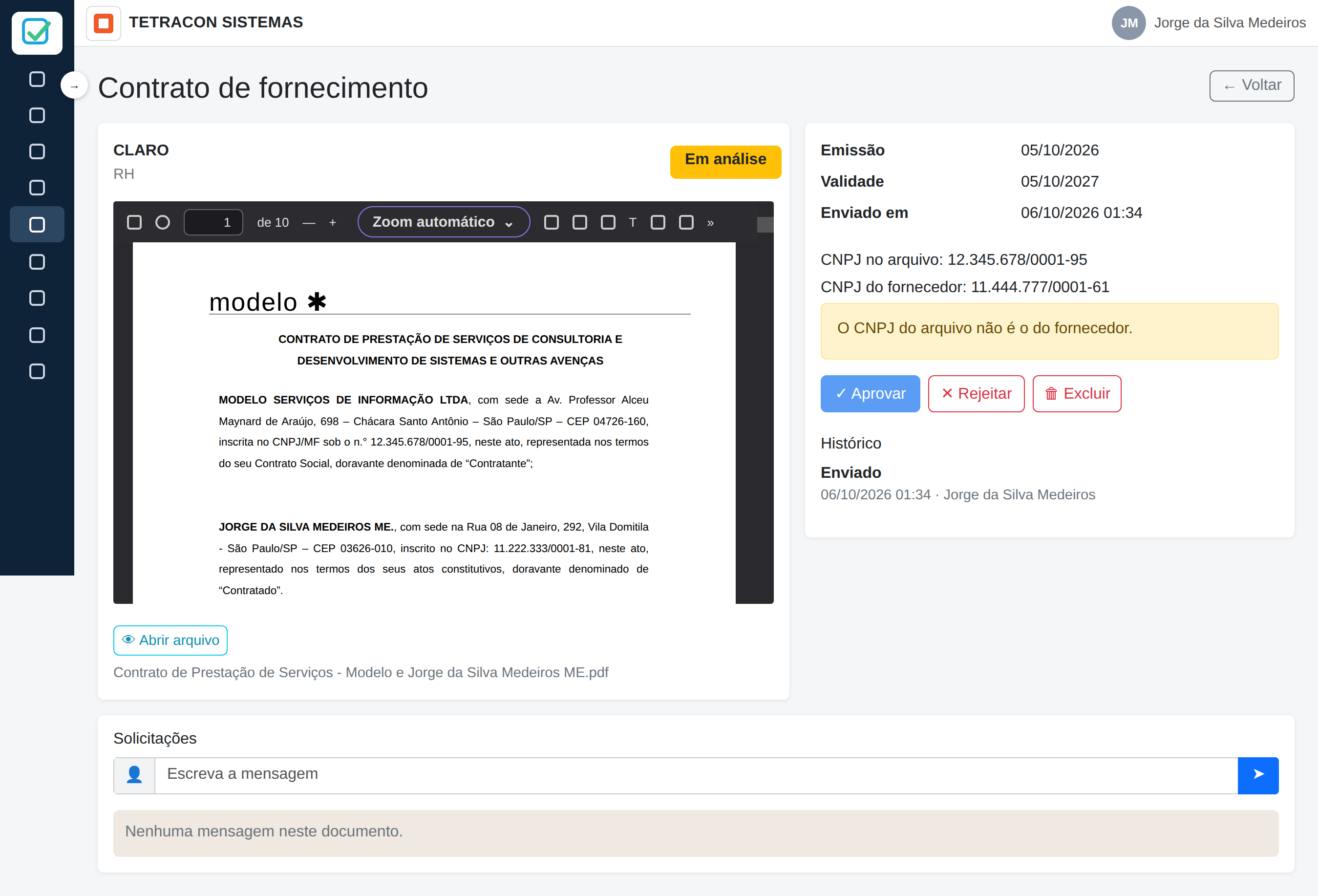 Ficha do documento do fornecedor, com o arquivo e a conferência do CNPJ.
